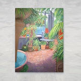 Greenhouse filled with gorgeous trees and shrubs. Stretched canvas print with orchids, statuary and colorful pottery.