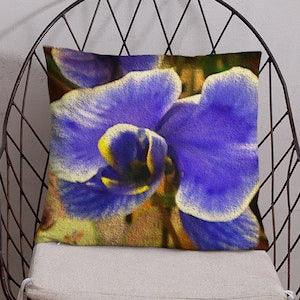 Lavender orchid pot throw pillow, Rare orchid bouquet decorative accent, Blue orchid plant toss pillow, Botanical print scatter cushions
