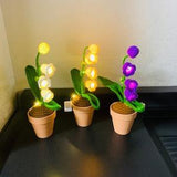 Hand Crochet cute lily of the valley potted ornament with light immortal artificial flower housewarming gift for her home decor Bedside lamp
