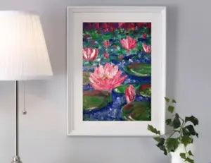 Water lilies in the pond original oil painting water landscape.No frame.8x6 inch