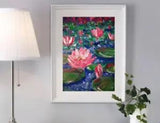 Water lilies in the pond original oil painting water landscape.No frame.8x6 inch
