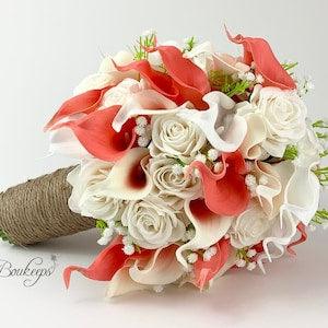 CHOOSE RIBBON COLOR - Coral and White Calla Lily and Rose Bouquet, Coral Bridal Bouquet, Calla Lily Bouquet, Baby's Breath, Wedding