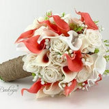 CHOOSE RIBBON COLOR - Coral and White Calla Lily and Rose Bouquet, Coral Bridal Bouquet, Calla Lily Bouquet, Baby's Breath, Wedding