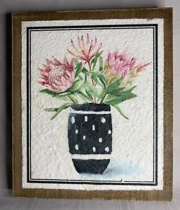 Handmade Paper Print pink Peonies in Dotted Vase Mounted On Wood