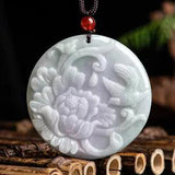 100% Natural Jade Grade A Jadeite Peony Flower Bird Carved Women Pendant