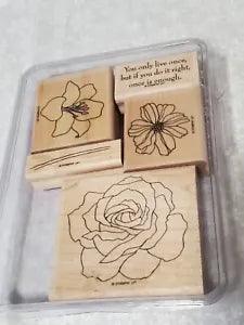 Stampin' Up! FIFTH AVENUE FLORAL Daisy Rose Lily Wood Red Rubber Stamp Set Used