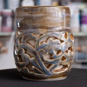 Hand-carved 3D Ceramic 4" Succulent Planter | Blue, Brown, Beige, Gold Glaze | Great for Orchids, Ivy | Indoor Plant, Home Decor, Clean Air