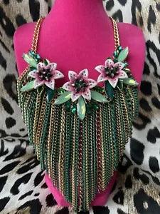 Betsey Johnson Lily Flower Green Fuchsia Crystal Orchid Chain Bib Necklace $165