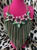 Betsey Johnson Lily Flower Green Fuchsia Crystal Orchid Chain Bib Necklace $165