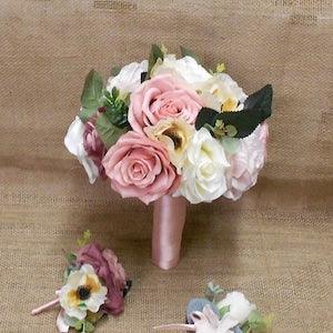 Wedding Silk Flower Bridal Bouquet Your Colors 2 pieces Ivory Cream Beige Rose Gold Dusty Pink Blush Mauve Groom Boutonniere  New