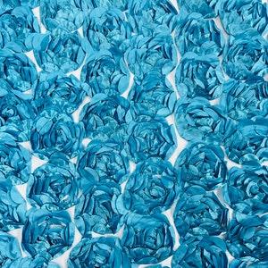 Turquoise Rosette Fabric 3D Floral Fabric By The Yard, Peony Bouquet Fabric on Mesh, 3D Rosette Satin Fabric Wedding Decor.