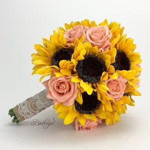 Sunflower Bouquet, Sunflower, Coral Rose Bouquet, Sunflower Bridal Bouquet, Sunflower Wedding, Wedding Bouquet, Burlap and Lace, Bridesmaid