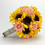 Sunflower Bouquet, Sunflower, Coral Rose Bouquet, Sunflower Bridal Bouquet, Sunflower Wedding, Wedding Bouquet, Burlap and Lace, Bridesmaid
