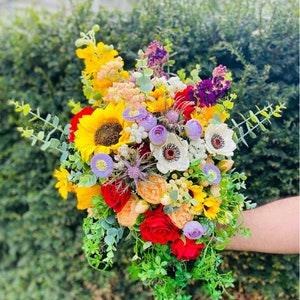 Sunflower bouquets, Red roses bridal bouquet, Spring bouquet, Boho bridal bouquet, Eucalyptus bride bouquet, Silk wedding bouquet
