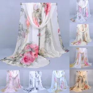 Women Thin Chiffon Scarf Sunscreen Peony Flower Print Scarves Long Shawl Wraps