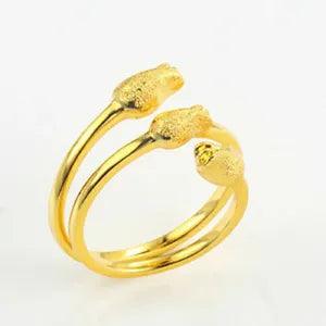 Lily Flower Carved Solid 24k Yellow Gold Filled Love Gift Resizable Fashion Ring