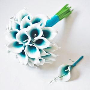 Choose ribbon color,real touch teal green calla lily bouquet,bridal bridesmaid bouquet,wedding bouquet,boutonniere,corsage