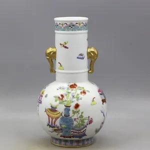 9.8" Chinese Qing Famille Rose Porcelain Gild Lotus Flower Tree Peony Vase