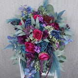 Jevel tone magenta teal bouquet, cascading bridal bouquet, navy purple silk flower bouquet, rose and eucalyptus wedding bouquet