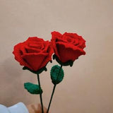 Crochet Flower Crochet Rose Knitting Red Rose with Leaves Crochet Rose Bouquet Blossom Gift for Mother Girlfriends Women