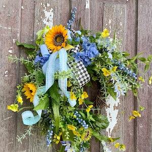 Cottagecore Summer Cheer Yellow Sunflower & Blue Hydrangea Wreath | Handmade Home Decor for Unique Doorways, Floral Garden Inspiration