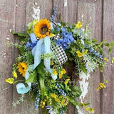 Cottagecore Summer Cheer Yellow Sunflower & Blue Hydrangea Wreath | Handmade Home Decor for Unique Doorways, Floral Garden Inspiration