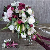 Cascading bridal bouquet with roses pink white and burgundy, Floral arrangement for a timeless keepsake,  Boutonniere