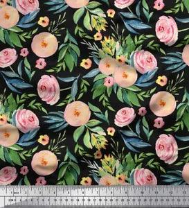 Soimoi Black Velvet Fabric Leaves & Ranunculus Floral Printed Fabric-Y86