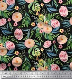 Soimoi Black Velvet Fabric Leaves & Ranunculus Floral Printed Fabric-Y86