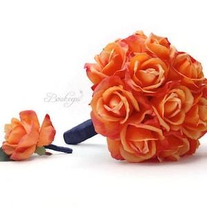CHOOSE RIBBON COLOR - Coral Rose Bouquet, Coral Bridal Bouquet, Real Touch Bouquet & Boutonniere, Bridal, Bridesmaid, Coral and Navy Blue
