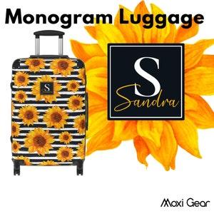 Personalized Luggage with Monogram Suitcase Yellow Sunflower Custom Luggage Stripe Floral Custom Travel Gift Happy Sunshine Travel Suitcase