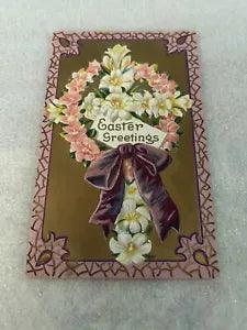 EASTER Postcard.  Colorful Pink White Lily Wreath Cross Big Purple Bow