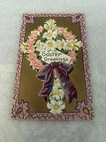 EASTER Postcard.  Colorful Pink White Lily Wreath Cross Big Purple Bow