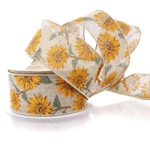 2.5" WIRED Ribbon, Sunflowers on Burlap, Fabric & Notions, Bow Making, Summer Ribbon, Flower Ribbon, Sunflower Ribbon, Summer Ribbon
