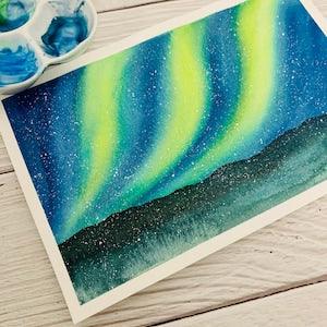 Original Watercolor Painting Northern Lights Canada