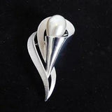 Crown Trifari Faux Pearl Brushed Silver Tone Single Stem Calla Lily Pin Brooch
