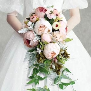 Bridal bouquet peonies, Cascade bridal bouquet pinks, Wedding bouquet peony, Bridal bouquet pink and ivory, Wedding bouquet greenery