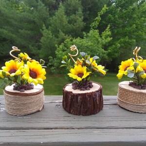 Sunflowers arrangement for a wooden home decor Set of 3 decorative rustic chic log in autumn color Hostess gift