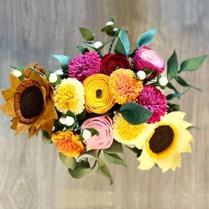 Fall felt flower mixed bouquet with sunflowers, ranunculus, Chrysanthemum , and foliage for wedding or home decor