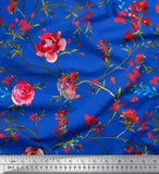 Soimoi Blue Velvet Fabric Leaves & Ranunculus Floral Print Fabric-Jkf