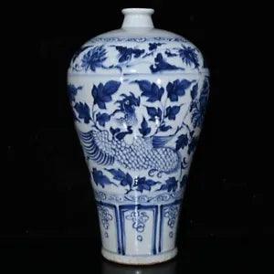13.8" Antique yuan dynasty Porcelain Blue white Phoenix peony flowers plum vase
