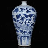 13.8" Antique yuan dynasty Porcelain Blue white Phoenix peony flowers plum vase