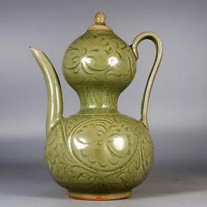 8.5" Old Porcelain song dynasty yaozhou kiln cyan glaze peony flower gourd Vase