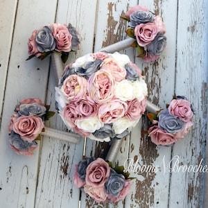 Artificial wedding Bouquets, Dusty Rose, Grey and  Ivory Wedding Bouquet, Wedding Flowers, Bridesmaid Bouquets, bridal Flower Package