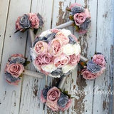 Artificial wedding Bouquets, Dusty Rose, Grey and  Ivory Wedding Bouquet, Wedding Flowers, Bridesmaid Bouquets, bridal Flower Package