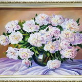 White peony painting framed, Peony bouquet white art, Peony oil painting small, Peony flower painting original, Peony in vase painting