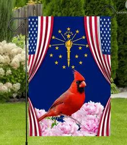 Outdoor garden flag with red cardinal, pink peony flowers, and blue starry background