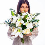 Lily bridal bouquet, Peony bride bouquet, White roses bridal bouquet, Eucalyptus bridal bouquet, Real touch lilies bouquet