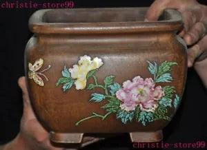 7.2" China Yixing zisha Pottery glaze Peony flower flower Bonsai Potted plants
