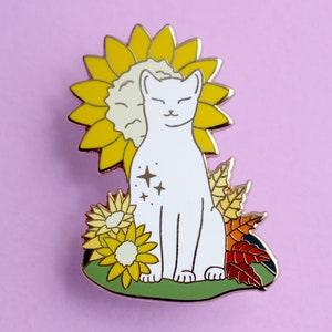 Sunflower cat enamel pin; autumn fall flowers and leaves lapel pin